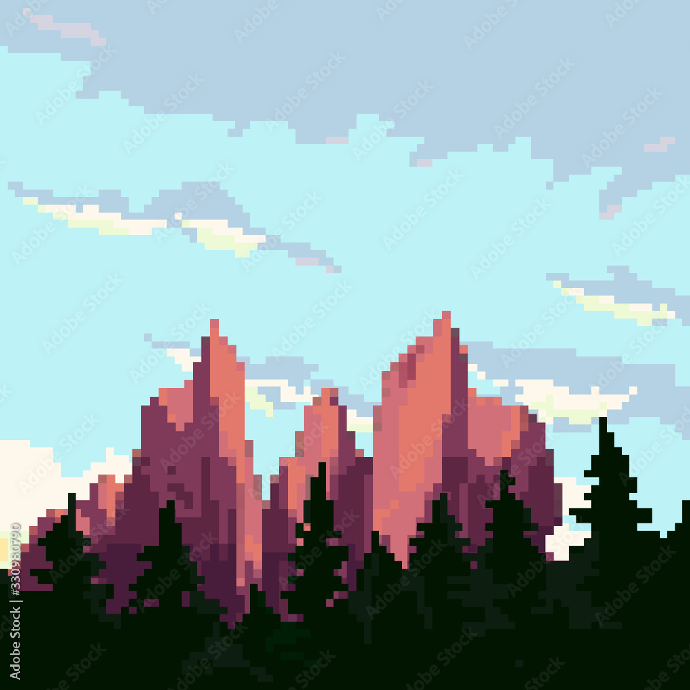Pixel art background. Location with mountains, sun, trees and clouds.  Landscape for game or application. 8 bit Stock Vector | Adobe Stock