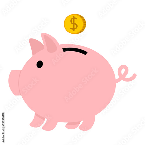 Piggy bank with coin in flat style isolated on white background. Vector illustration. 