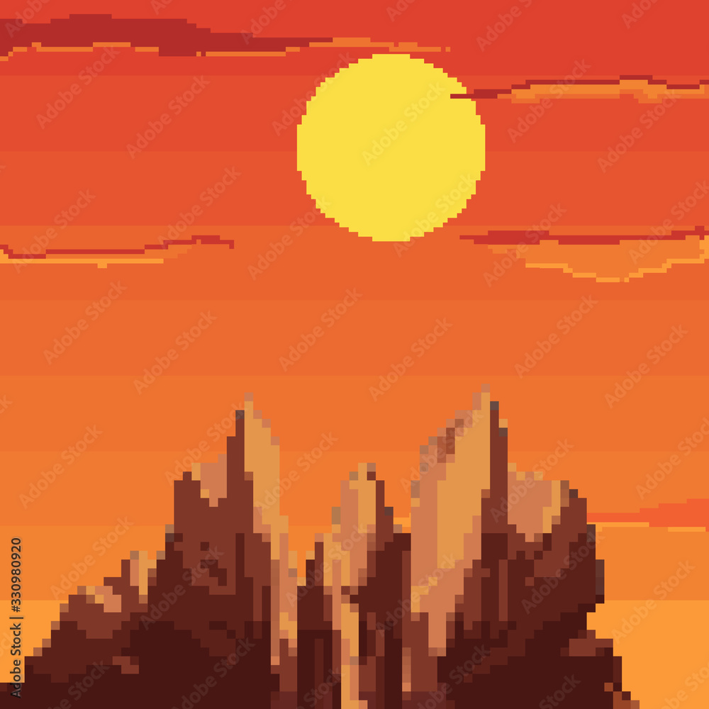 Vector pixel art of 80s Retro sci-Fi background. Synthwave, Vaporwave, Retrowave. Pixel art background with mountains. 8bit