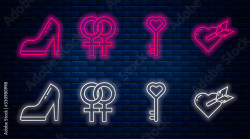 Set line Female gender symbol, Key in heart shape, Woman shoe with high heel and Amour with heart and arrow. Glowing neon icon on brick wall. Vector