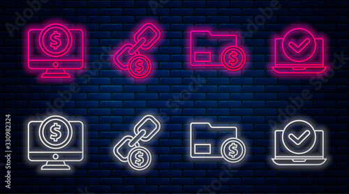 Set line Chain link and coin, Envelope with coin dollar, Computer monitor with dollar and Laptop. Glowing neon icon on brick wall. Vector