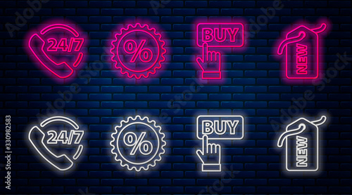 Set line Discount percent tag, Buy button, Telephone 24 hours support and Price tag with New. Glowing neon icon on brick wall. Vector