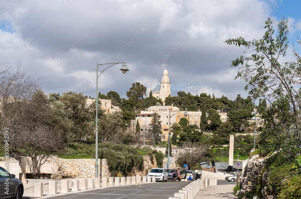 View of the old town and Dormition Abbey in Jerusalem old city in Israel