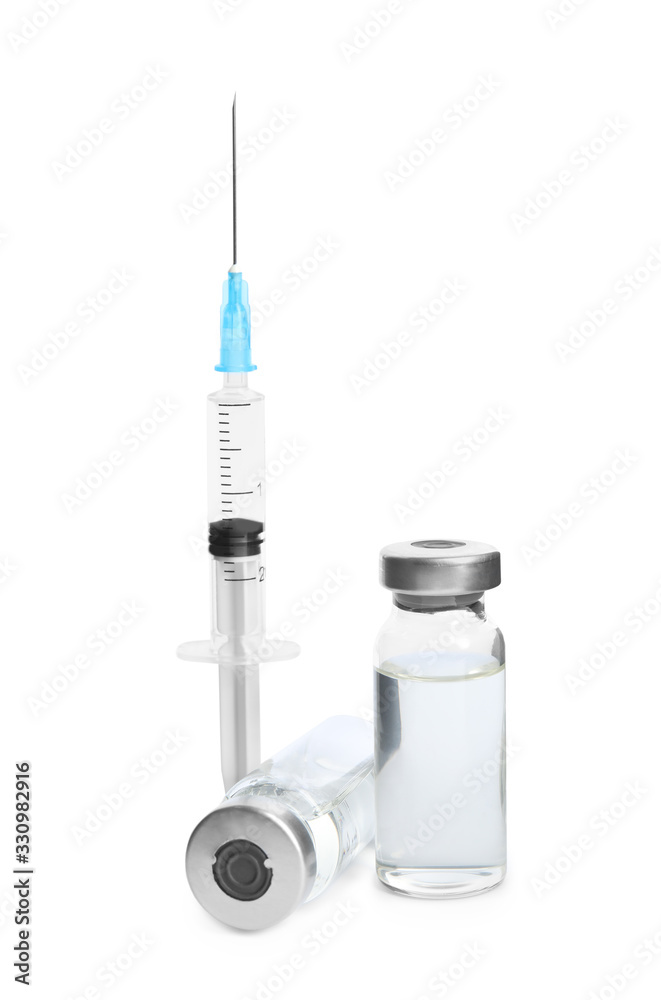 Vials and syringe on white background. Vaccination and immunization Vials and syringe on white background. Vaccination and immunization