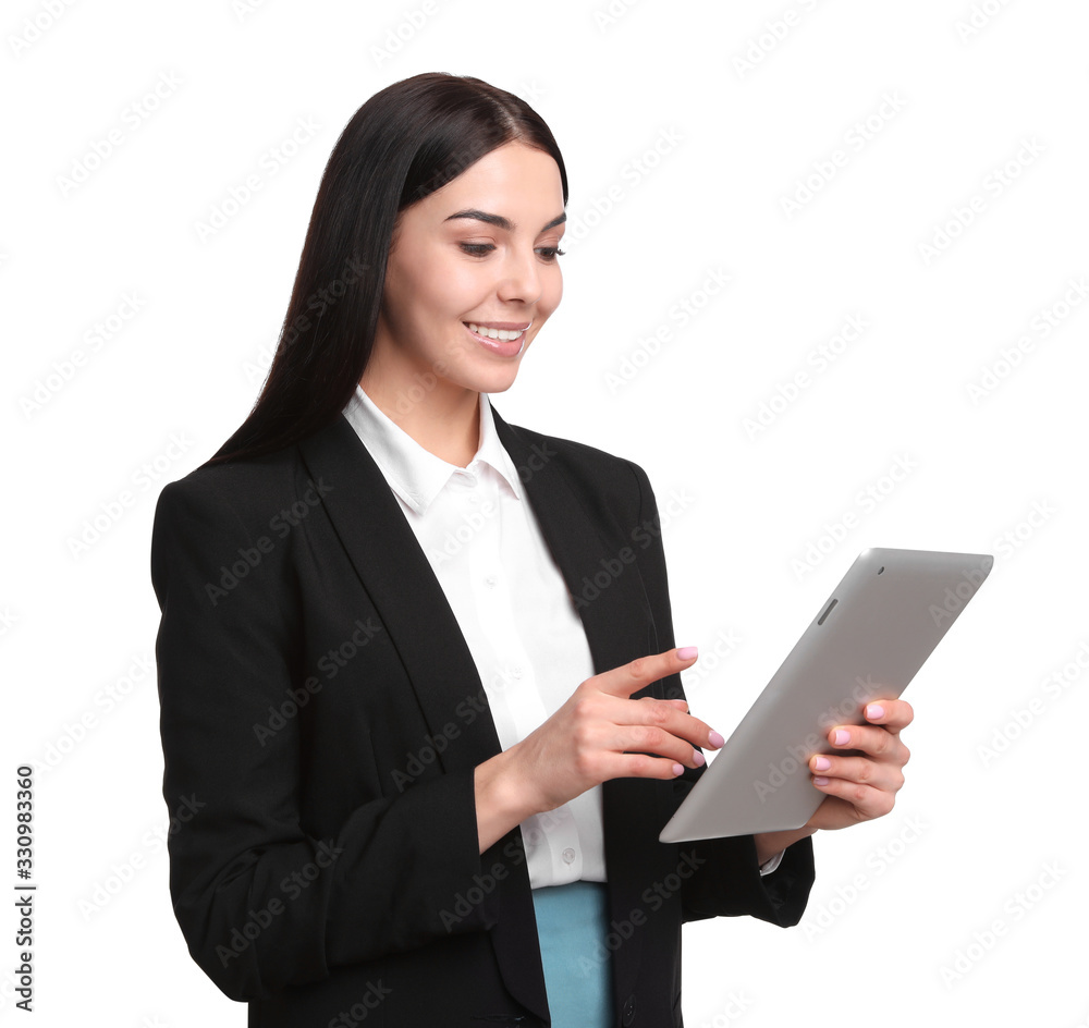 Young businesswoman with tablet on white background Young businesswoman with tablet on white background
