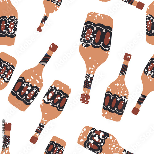 Alcohol rum bottles on white background. Doodle glass bottle seamless pattern.