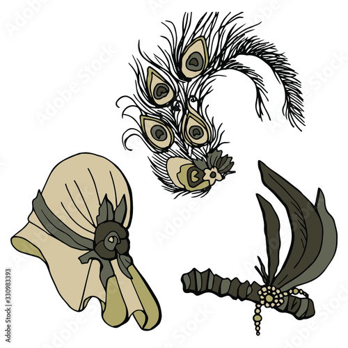 Female hats. A hat with a flower, a bandage with a Cabaret feather, a gatsby-style hat of 1920. Art Deco style. Cartoon style illustration. Stock illustration. Isolated white.