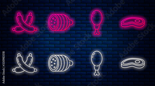 Set line Salami sausage, Chicken leg, Crossed sausage and Steak meat. Glowing neon icon on brick wall. Vector