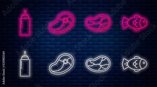 Set line Steak meat, Steak meat, Sauce bottle and Fish. Glowing neon icon on brick wall. Vector