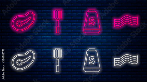 Set line Spatula, Salt, Steak meat and Bacon stripe. Glowing neon icon on brick wall. Vector