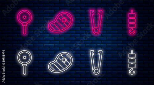Set line Steak meat, Meat tongs, Frying pan and Grilled shish kebab on skewer stick. Glowing neon icon on brick wall. Vector