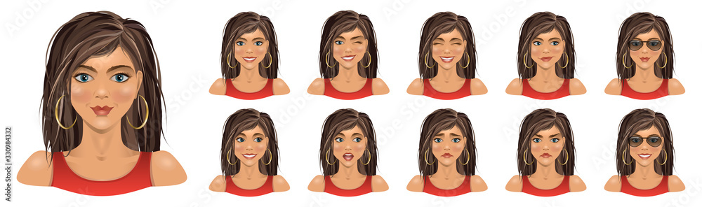 Set of beautiful brunette girl with different emotions. Woman with different facial expressions. Vector illustration. Set of beautiful brunette girl with different emotions. Woman with different facial expressions. Vector illustration.