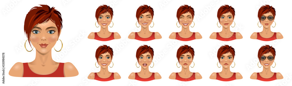Set of beautiful short haircut girl with different emotions. Woman with different facial expressions. Vector illustration. Set of beautiful short haircut girl with different emotions. Woman with different facial expressions. Vector illustration.