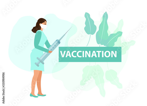 Nurse with syringe. Vaccination protection against virus. Coronavirus concept icon flat style. Isolated on a white background. Vector illustration