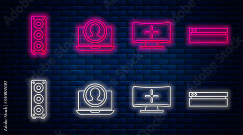 Set line Create account screen, Computer monitor, Stereo speaker and Video game console. Glowing neon icon on brick wall. Vector