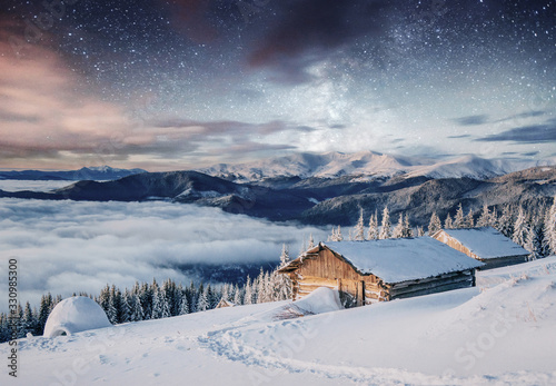 Majestic landscape with forest at winter time. Scenery background