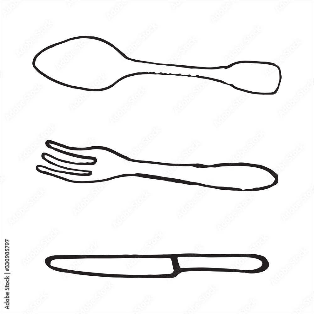 Metal cutlery spoon fork knife in doodle style Metal cutlery spoon fork knife in doodle style