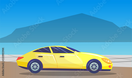 Fototapeta Naklejka Na Ścianę i Meble -  Car driving along mountains chain or cityscape in distance. Natural landscape with vehicle on road. Haze by street. Seascape with townscape. Skyline and moving transport. Vector in flat style