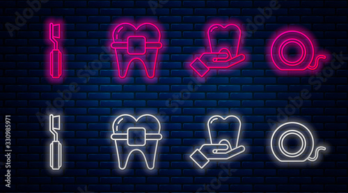 Set line Teeth with braces, Tooth, Toothbrush and Dental floss. Glowing neon icon on brick wall. Vector
