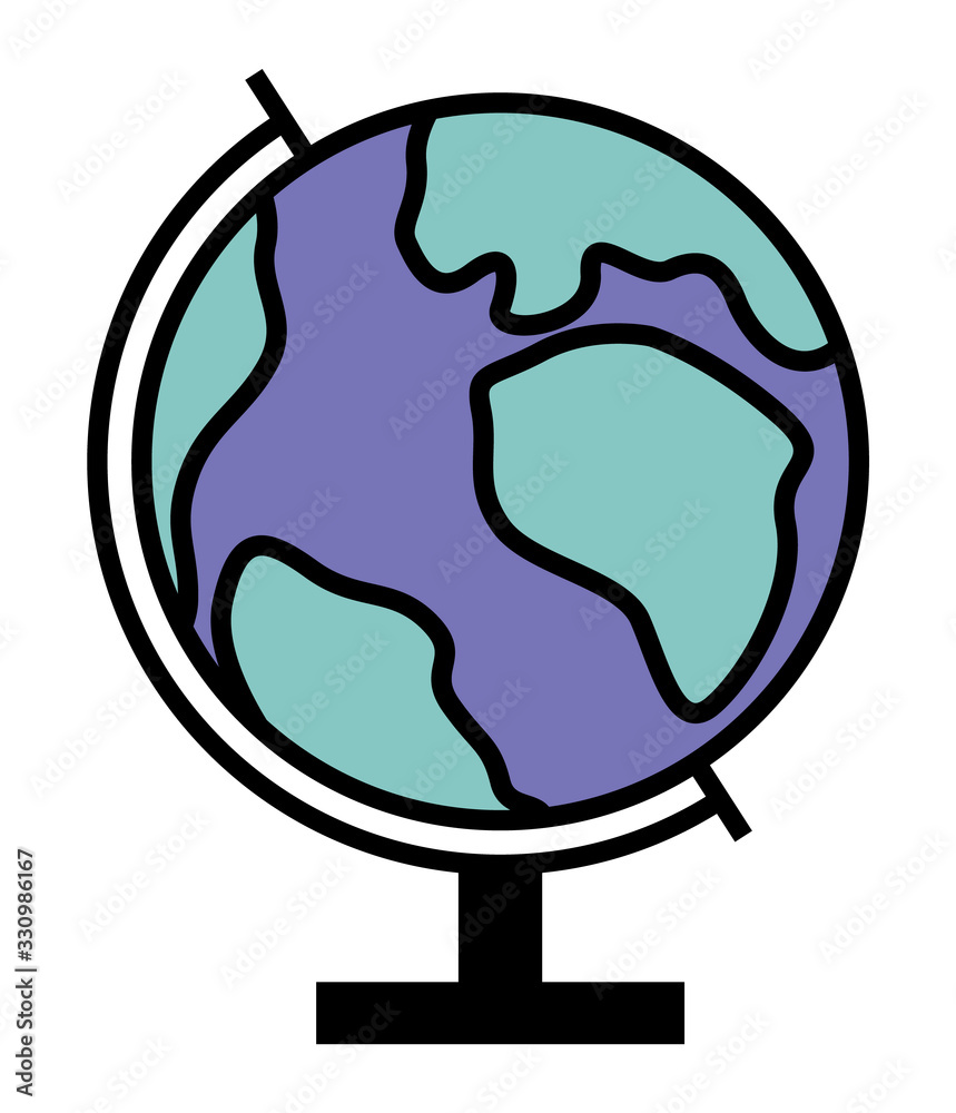 Simple globe, spherical model of earth to study geography. Round shaped icon of volumetric map. All continents showed on sphere, Europe and Africa, Asia and America. Vector illustration in flat style Simple globe, spherical model of earth to study geography. Round shaped icon of volumetric map. All continents showed on sphere, Europe and Africa, Asia and America. Vector illustration in flat style