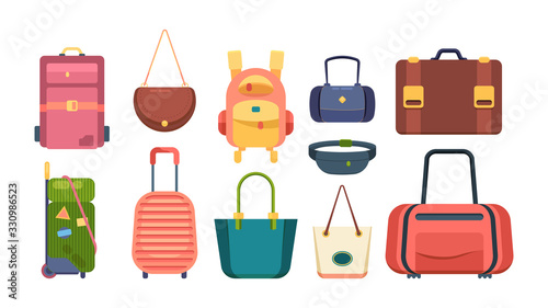 colored bags. travel backpack fashioned woman handbags from leather packages for travellers. vector colored items set