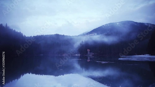 Zeitraffer technic time lapse at Sinevir lake in Carpatian mountains photo