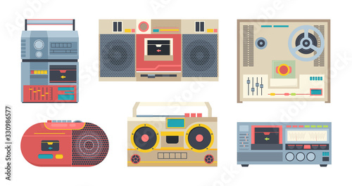 music recorders. retro 80s portable audio players for tape cassettes. vector colored flat illustration