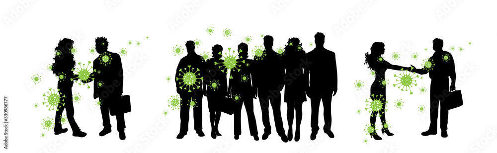 Vector silhouette of group of people who is spreading bacteria on white background. Symbol of disease and coronavirus. - obrazy, fototapety, plakaty 