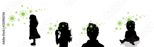 Set of vector silhouette of children spreading bacteria on white background. Symbol of disease and coronavirus.
