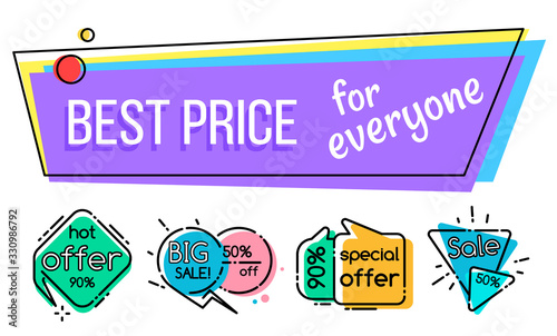Best price for everyone, hot offer 90 percent off, frames in memphis style. Vector big sale, 50 percent half price off, best offer isolated tag. Geometric shapes, badges in creative design promo price