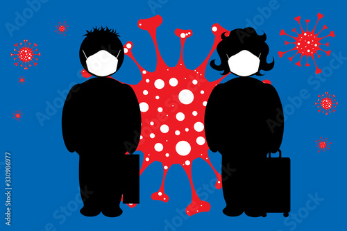 Vector illustration of couple who traveling with medical mask spreading virus sign in air. Symbol of disease and coronavirus.