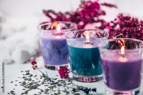 Aromatic Purple and Blue Scented Candles with Lavender Decoration photo