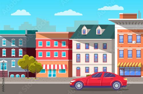 Fototapeta Naklejka Na Ścianę i Meble -  Cityscape with houses and decorative trees by road with driving car. Transport on way in town. Townscape in fair weather. Traveling in new place on vacation using vehicle. Vector in flat style
