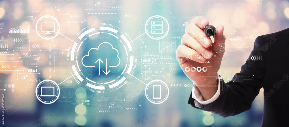 Cloud computing with businessman on blurred abstract background Cloud computing with businessman on blurred abstract background