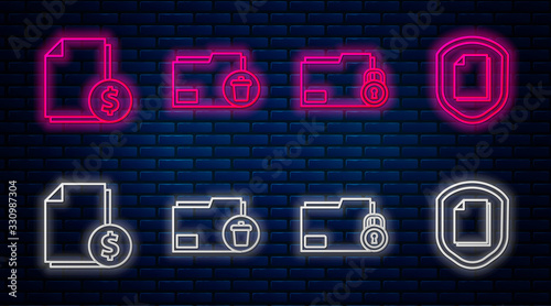 Set line Delete folder, Folder and lock, Finance document and Document protection concept. Glowing neon icon on brick wall. Vector