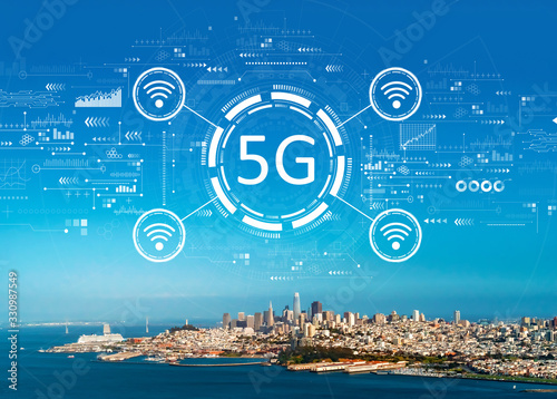 5G network with aerial view of the bay in San Francisco