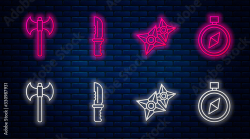 Set line Military knife, Japanese ninja shuriken, Medieval axe and Compass. Glowing neon icon on brick wall. Vector