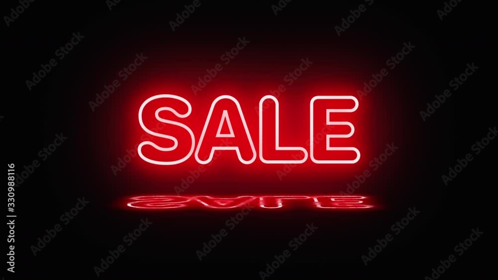 A neon sign with the word sale lights up in red. A reflection appears in the puddle. The sign turns on and off. Motion graphics. A neon sign with the word sale lights up in red. A reflection appears in the puddle. The sign turns on and off. Motion graphics.