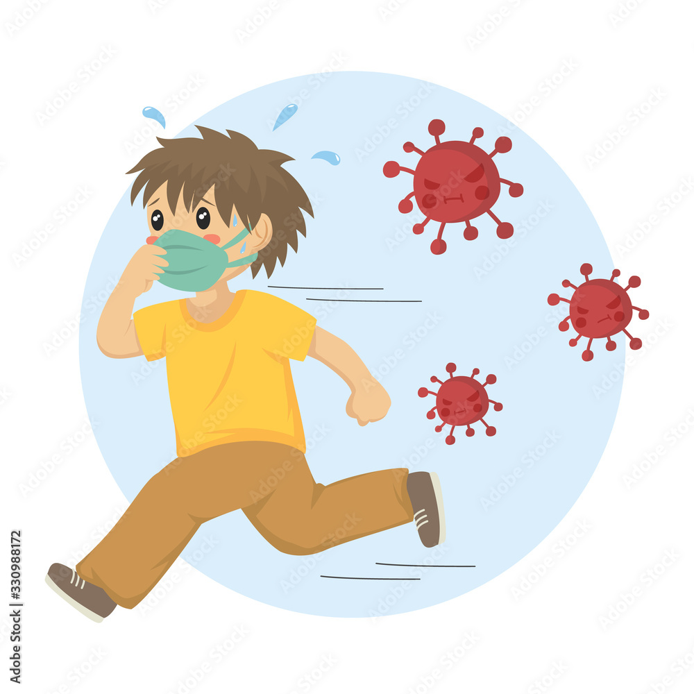 a boy wearing a face mask running from dangerous red viruses. Angry red viruses chasing a boy, cartoon vector.