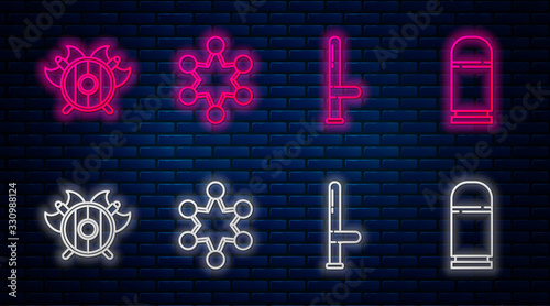 Set line Police badge, Police rubber baton, Medieval shield with crossed axes and Cartridges. Glowing neon icon on brick wall. Vector