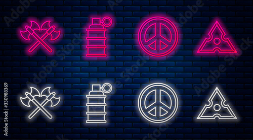 Set line Hand grenade, Peace, Crossed medieval axes and Japanese ninja shuriken. Glowing neon icon on brick wall. Vector