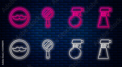 Set line Hand mirror, Hairdresser pistol spray bottle, Mustache and Hairdresser pistol spray bottle. Glowing neon icon on brick wall. Vector