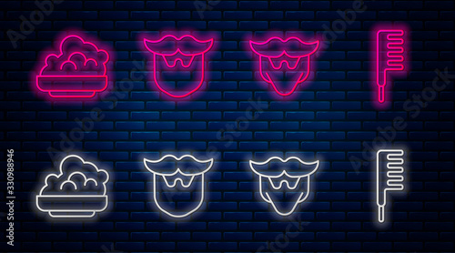 Set line Mustache and beard, Mustache and beard, Shaving gel foam and Hairbrush. Glowing neon icon on brick wall. Vector
