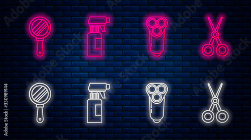 Set line Hairdresser pistol spray bottle, Electric razor blade for men, Hand mirror and Scissors hairdresser. Glowing neon icon on brick wall. Vector