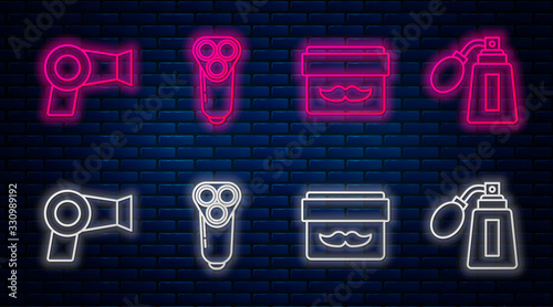 Set line Electric razor blade for men, Cream or lotion cosmetic jar, Hair dryer and Aftershave bottle with atomizer. Glowing neon icon on brick wall. Vector