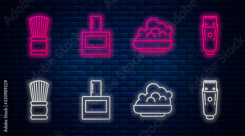 Set line Aftershave, Shaving gel foam, Shaving brush and Electrical hair clipper or shaver. Glowing neon icon on brick wall. Vector