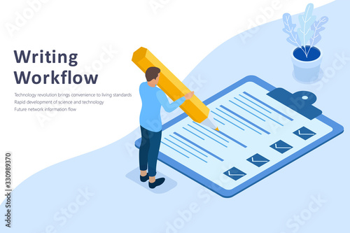 Information checklist or fill in questionnaire, marked on checklist, flat isometric vector illustration