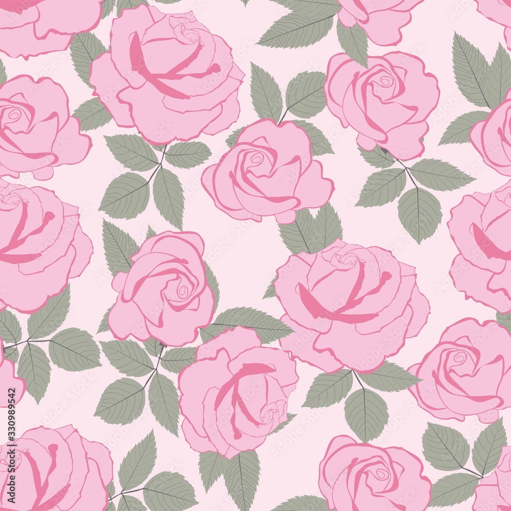 Romantic floral print. Seamless  pattern with pink roses with leaves. Template for cards, gift wrappings and textile design.