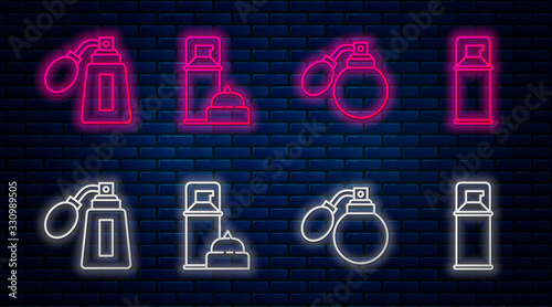 Set line Shaving gel foam, Aftershave bottle with atomizer, Aftershave bottle with atomizer and Shaving gel foam. Glowing neon icon on brick wall. Vector