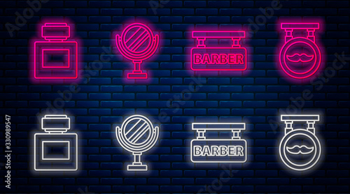 Set line Round makeup mirror, Barbershop, Aftershave and Barbershop. Glowing neon icon on brick wall. Vector